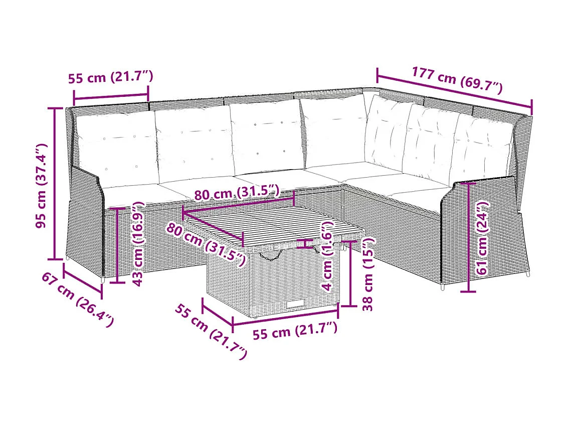 Set de muebles de jardín 5 pzas y cojines ratán sintético negro