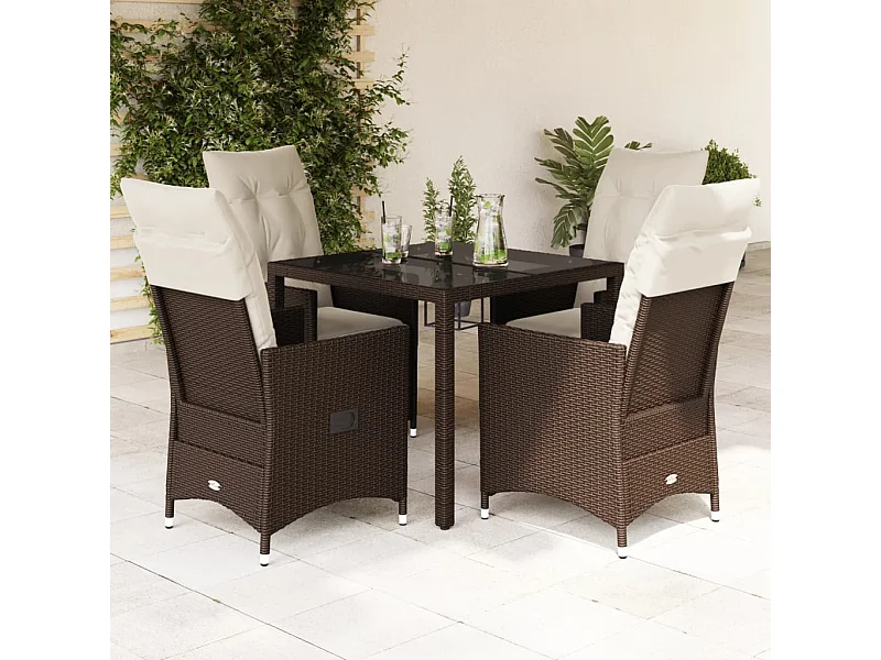 Set da Pranzo da Giardino 5pz con Cuscini in Polyrattan Marrone