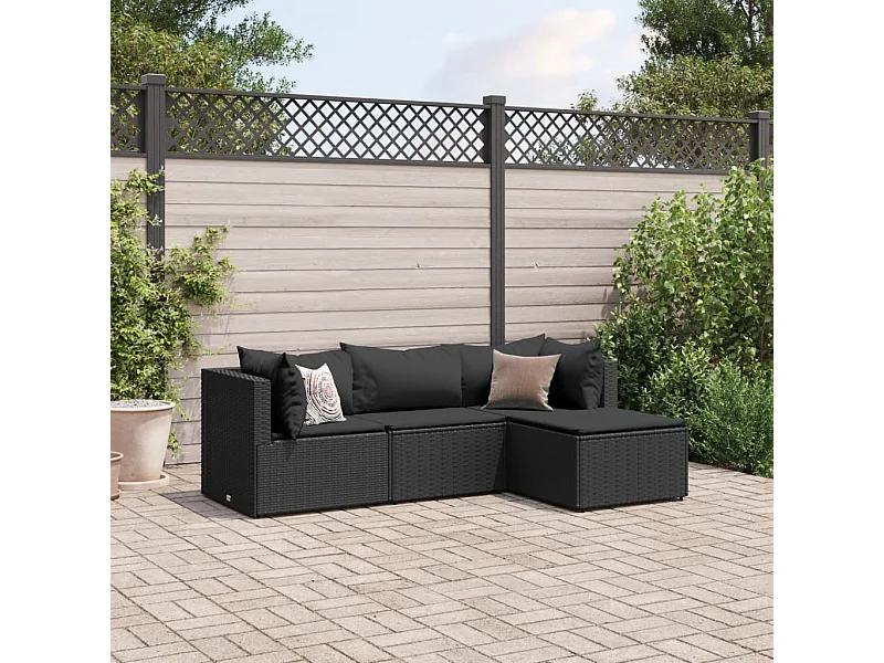 Salon de jardin 4 pcs avec coussins Noir Résine tressée
