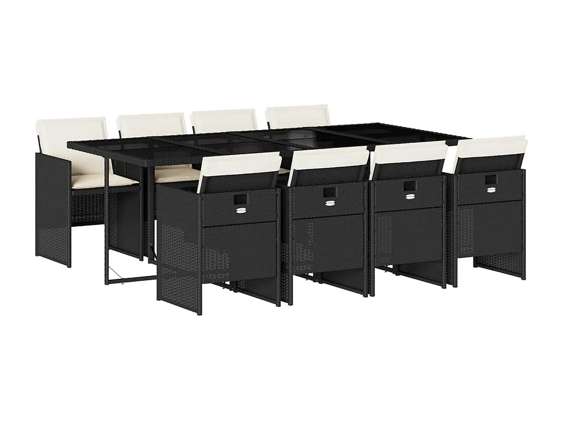 9 pcs conjunto de jantar p/ jardim c/ almofadões vime PE preto