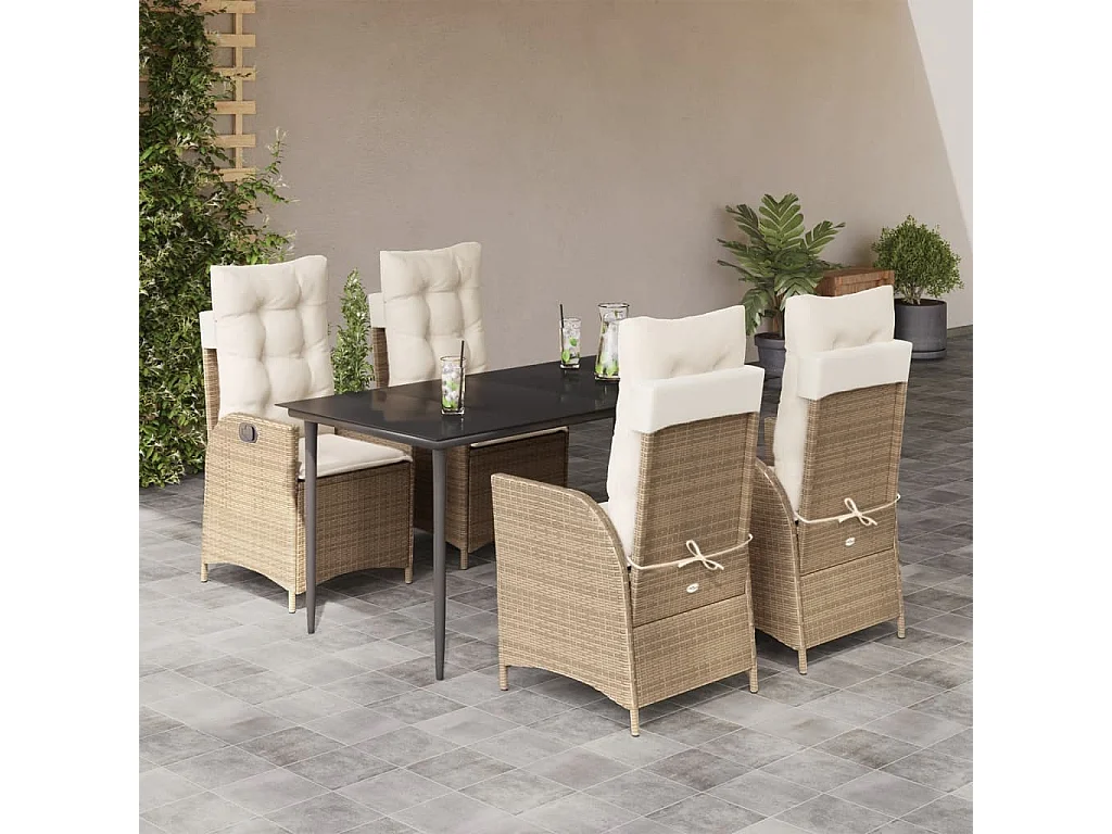 Set da Pranzo da Giardino 5 pz con Cuscini Beige in Polyrattan