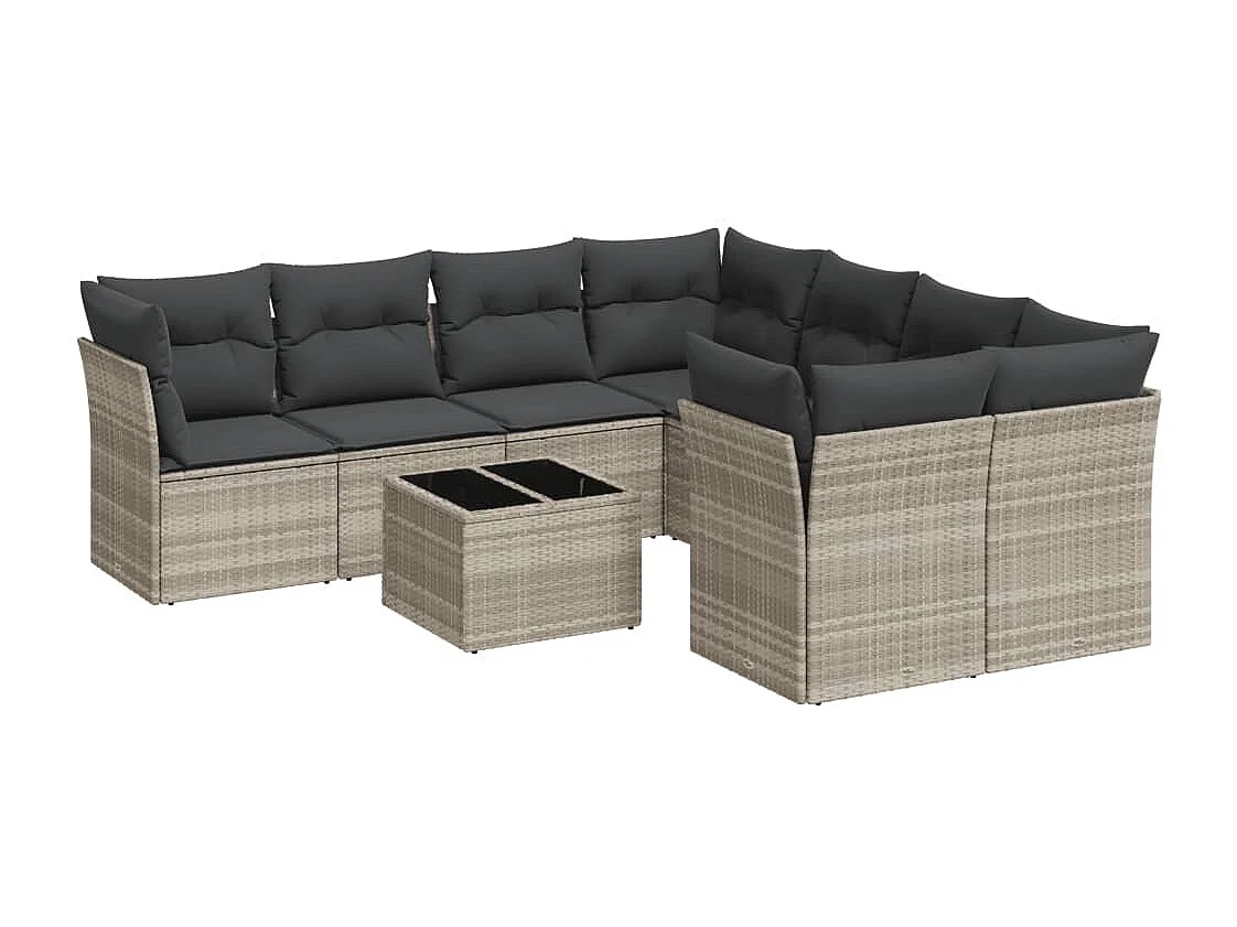 Salon de jardin 9 pcs avec coussins gris clair résine tressée