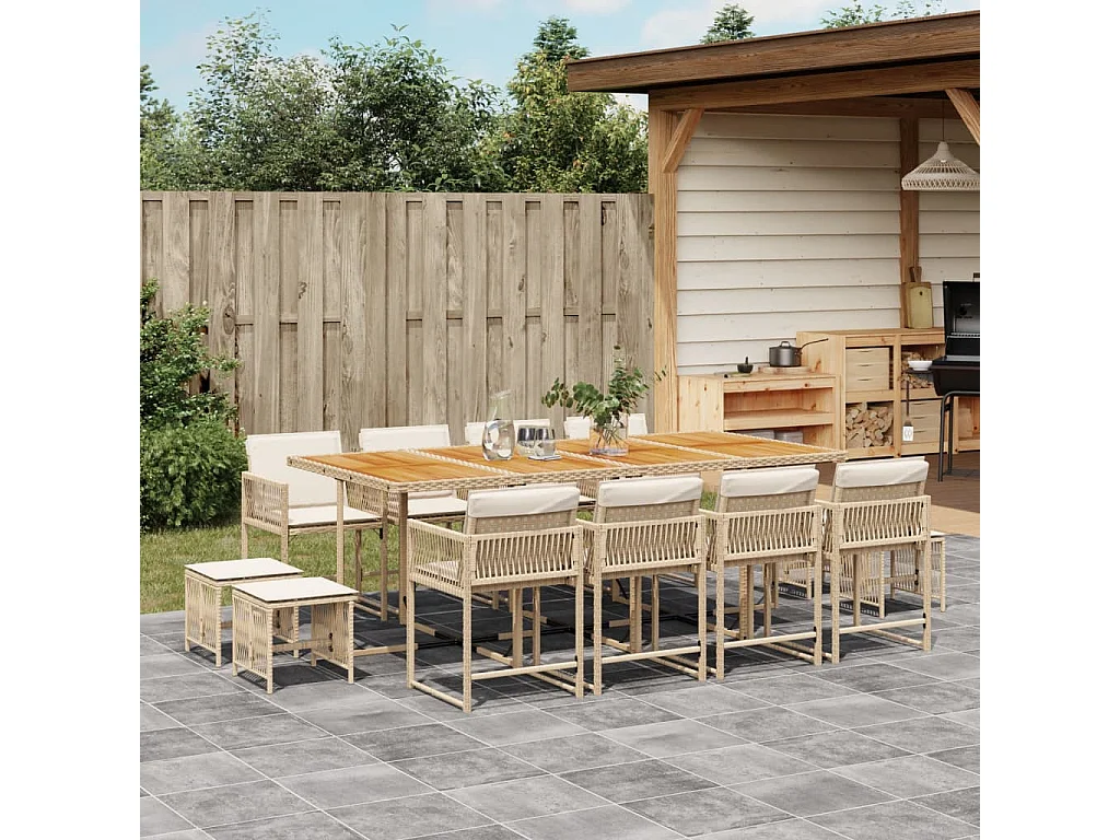 Set da Pranzo da Giardino 13 pz con Cuscini Beige in Polyrattan