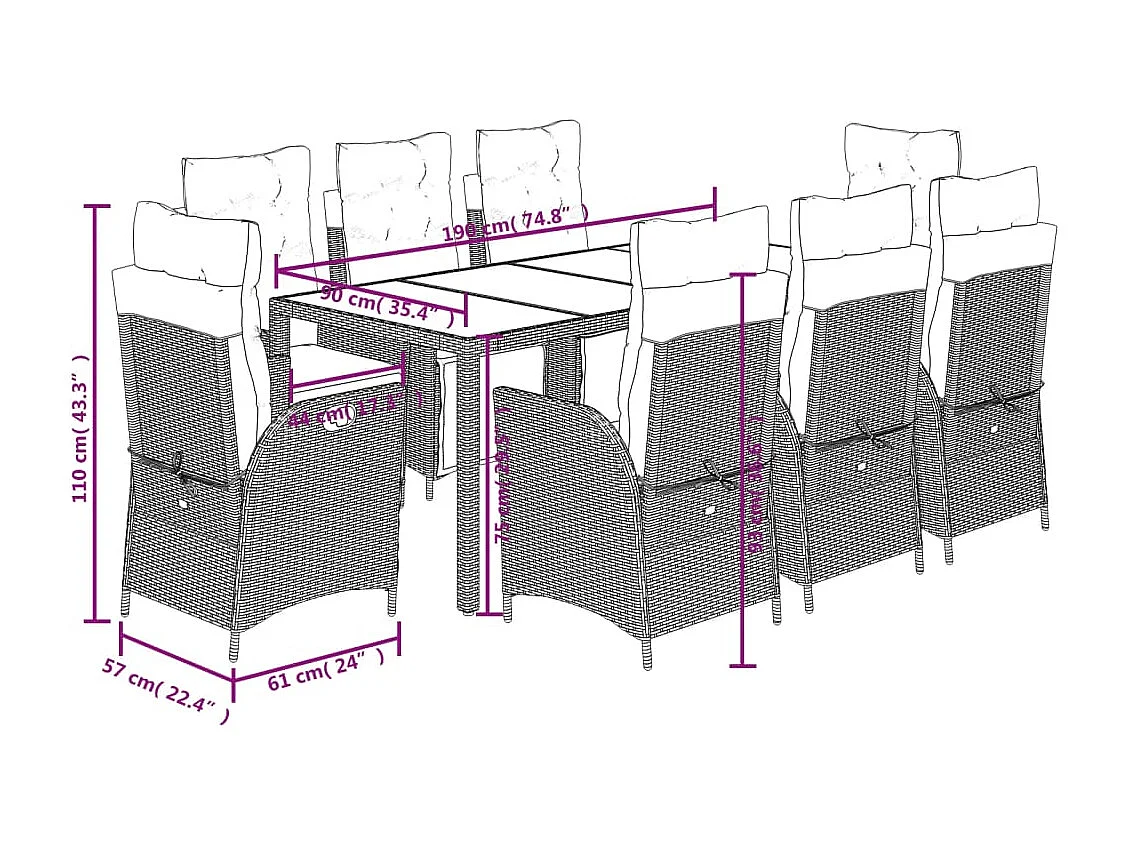 Set da Pranzo da Giardino 9 pz con Cuscini Nero in Polyrattan