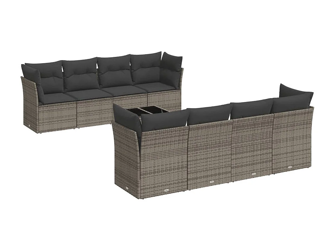 Salon de jardin 9 pcs avec coussins gris résine tressée