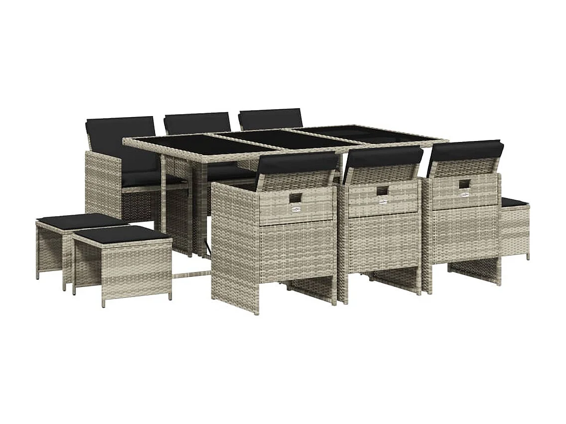 Set Pranzo Giardino 11pz con Cuscini Grigio Chiaro Polyrattan
