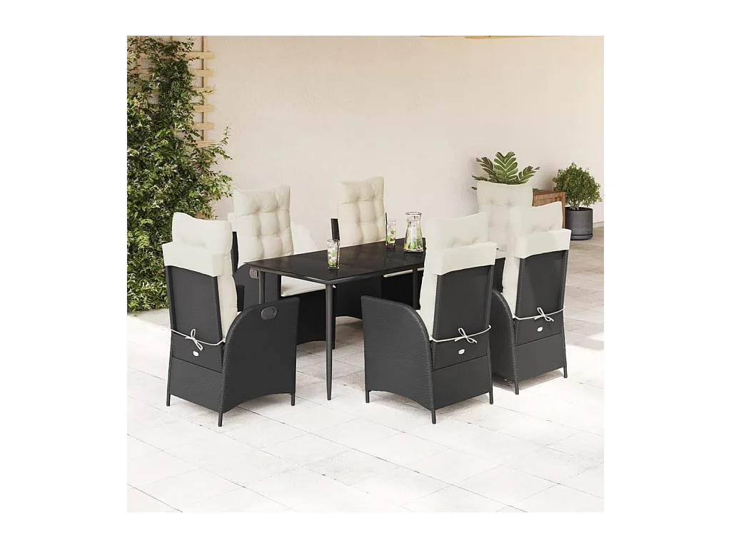 Ensemble à manger de jardin coussins 7pcs Noir Résine tressée