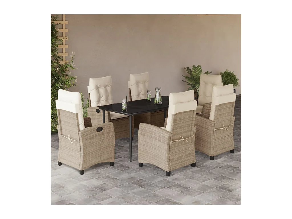 Ensemble à manger de jardin et coussins 7 pcs beige poly rotin
