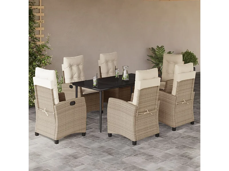 Set da Pranzo da Giardino 7 pz con Cuscini Beige in Polyrattan