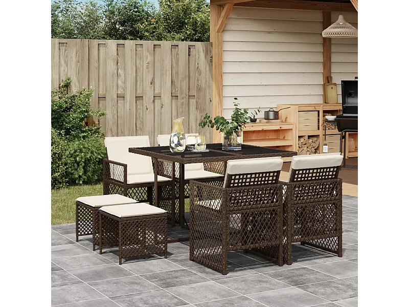 Ensemble à manger de jardin et coussins 9 pcs marron poly rotin