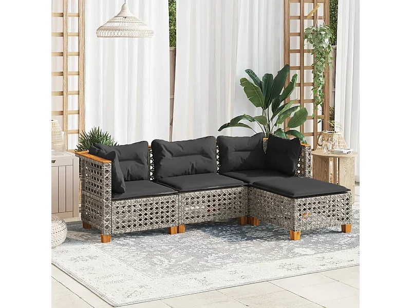 Set Divani da Giardino 4 pz con Cuscini in Polyrattan Grigio