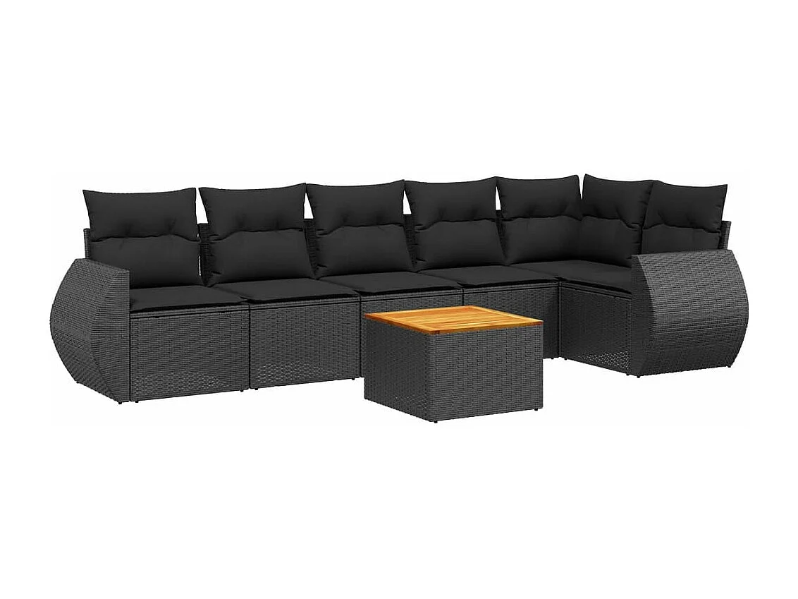 7-delige Loungeset met kussens poly rattan zwart