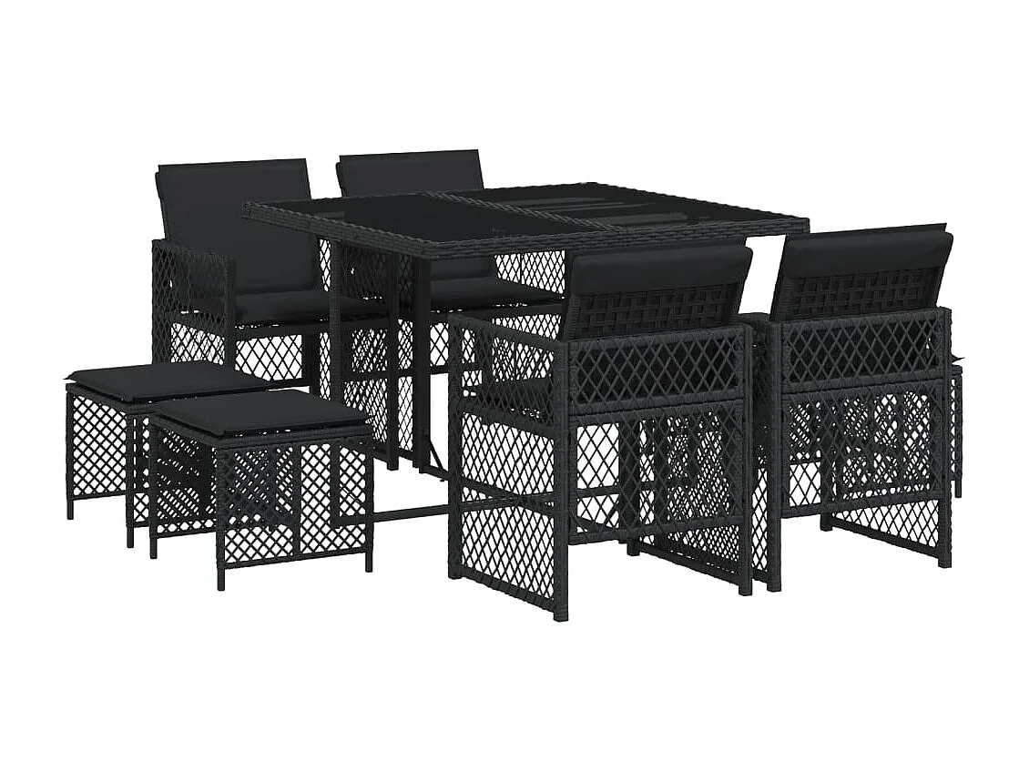 Ensemble à manger de jardin 9pcs coussins noir résine tressée