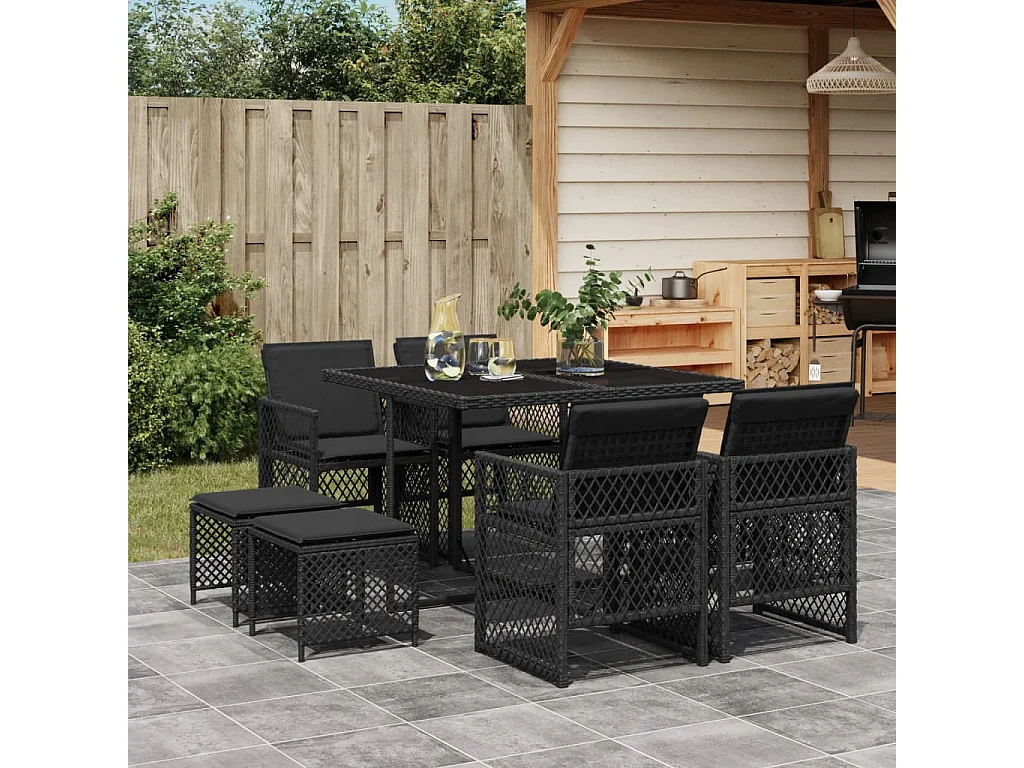 Ensemble à manger de jardin 9pcs coussins noir résine tressée