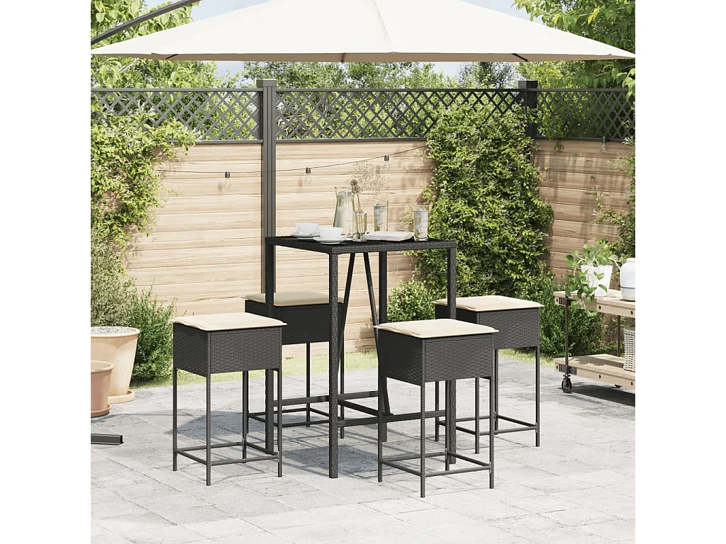 Ensemble de bar de jardin 5 pcs avec coussins noir poly rotin