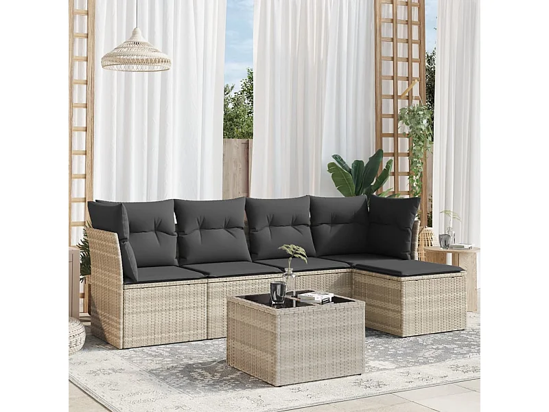 Salon de jardin 6 pcs avec coussins gris clair résine tressée