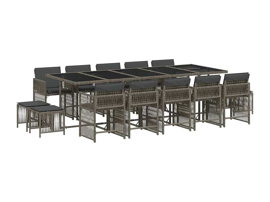 15 pcs conjunto jantar p/ jardim c/ almofadões vime PE cinzento