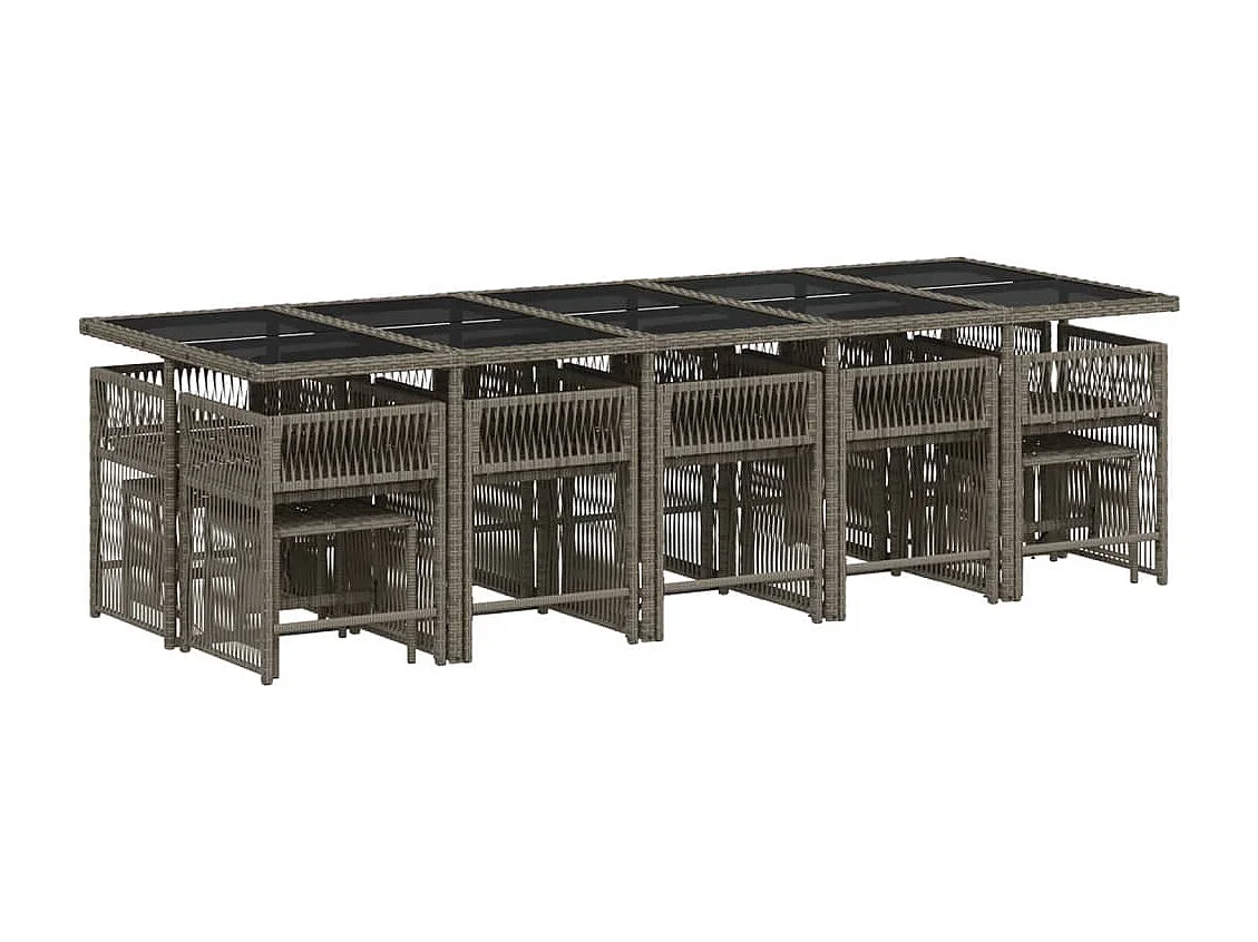 15 pcs conjunto jantar p/ jardim c/ almofadões vime PE cinzento