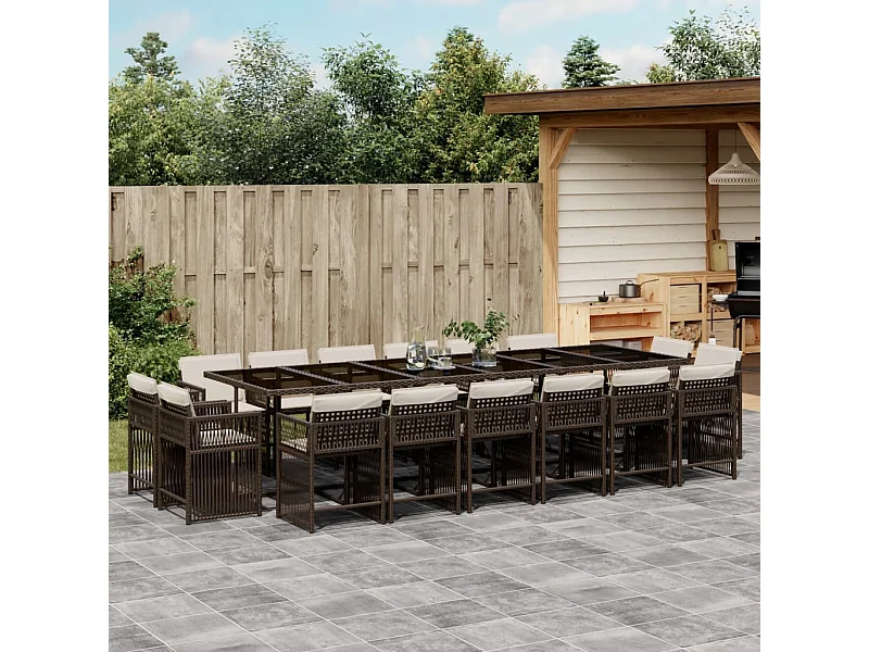 Ensemble à manger de jardin et coussins 17 pcs marron rotin