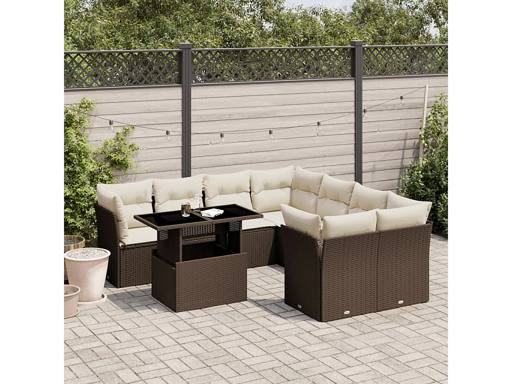 Set Divani da Giardino 9pz con Cuscini Marrone in Polyrattan