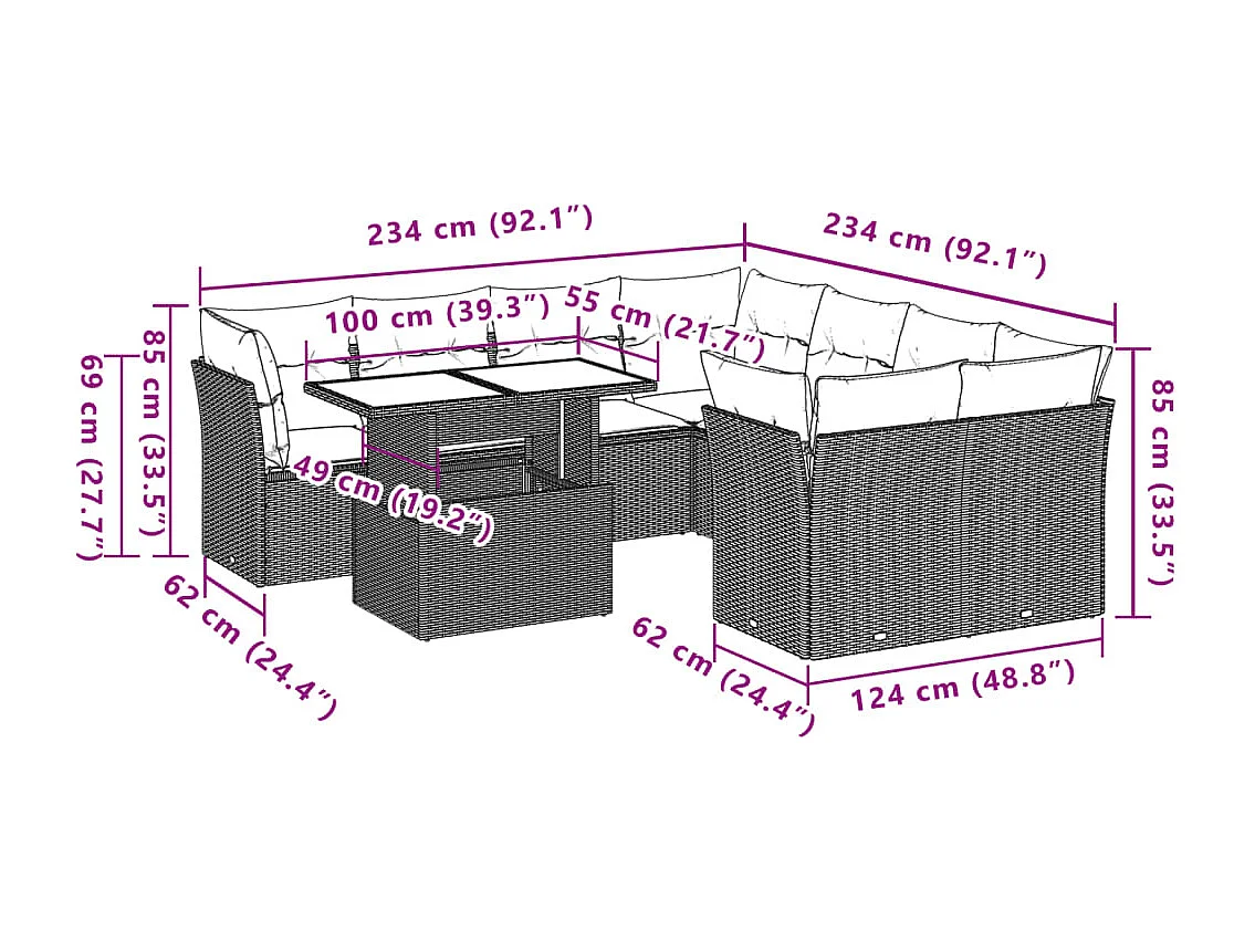 Set Divani da Giardino 9pz con Cuscini Marrone in Polyrattan