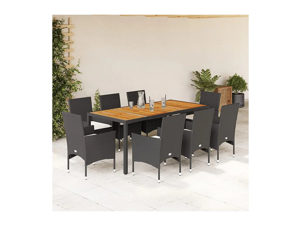 Ensemble à manger de jardin et coussins 9 pcs noir rotin acacia