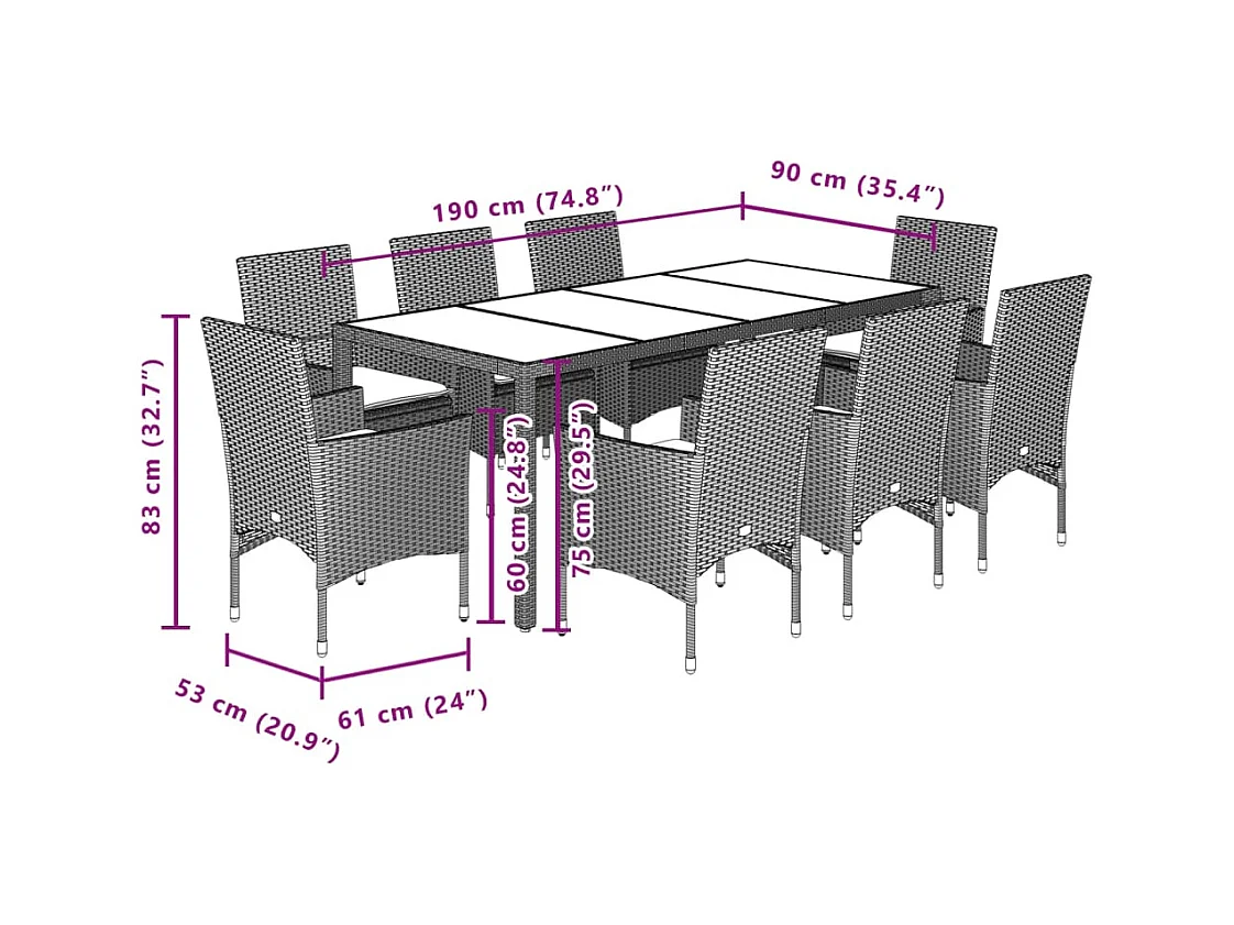 Ensemble à manger de jardin et coussins 9 pcs noir rotin acacia