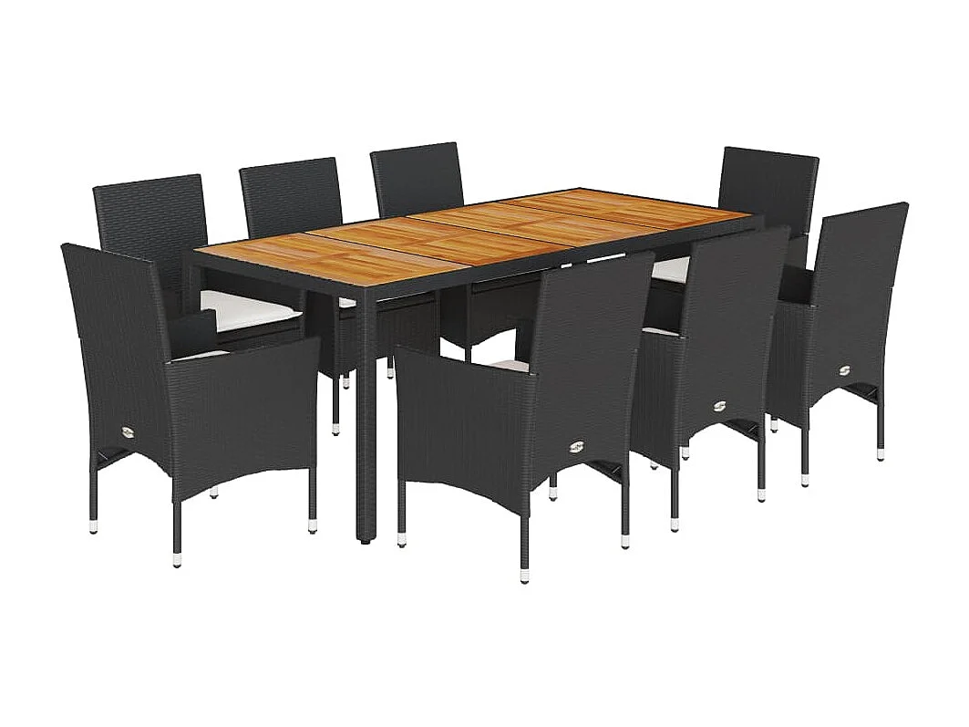 Set Pranzo da Giardino 9 pz con Cuscini Nero Polyrattan Acacia