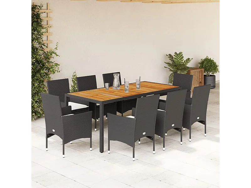 Set Pranzo da Giardino 9 pz con Cuscini Nero Polyrattan Acacia