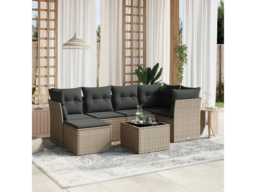Salon de jardin avec coussins 7 pcs gris clair résine tressée