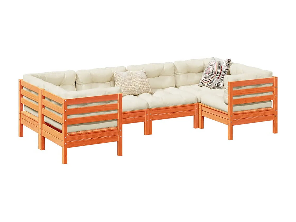 Salon de jardin 6 pcs avec coussins cire marron bois pin massif