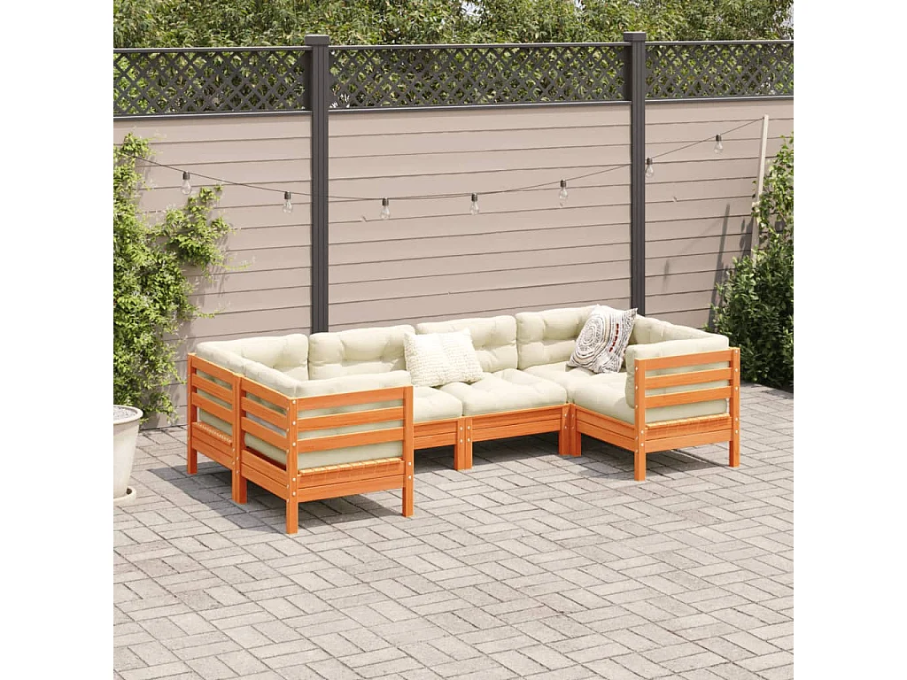 Salon de jardin 6 pcs avec coussins cire marron bois pin massif