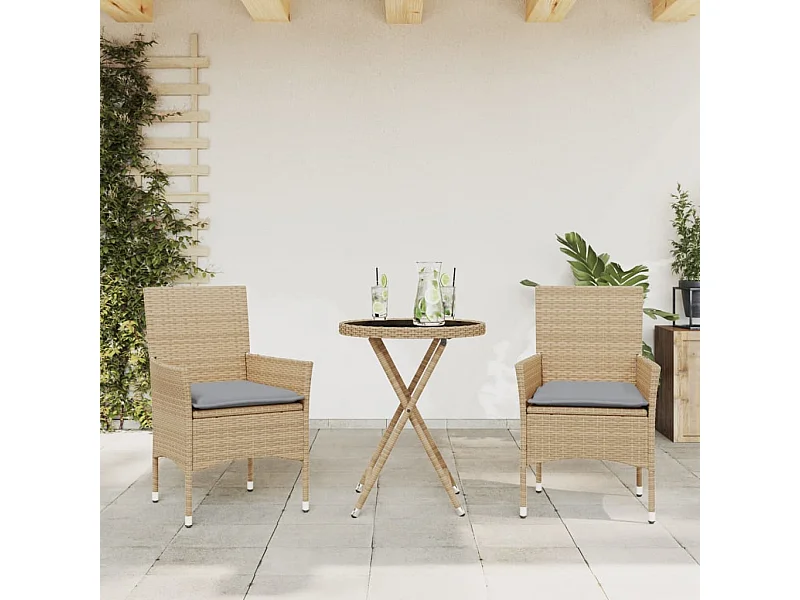 3-tlg. Bistro-Set mit Kissen Beige Poly Rattan und Glas