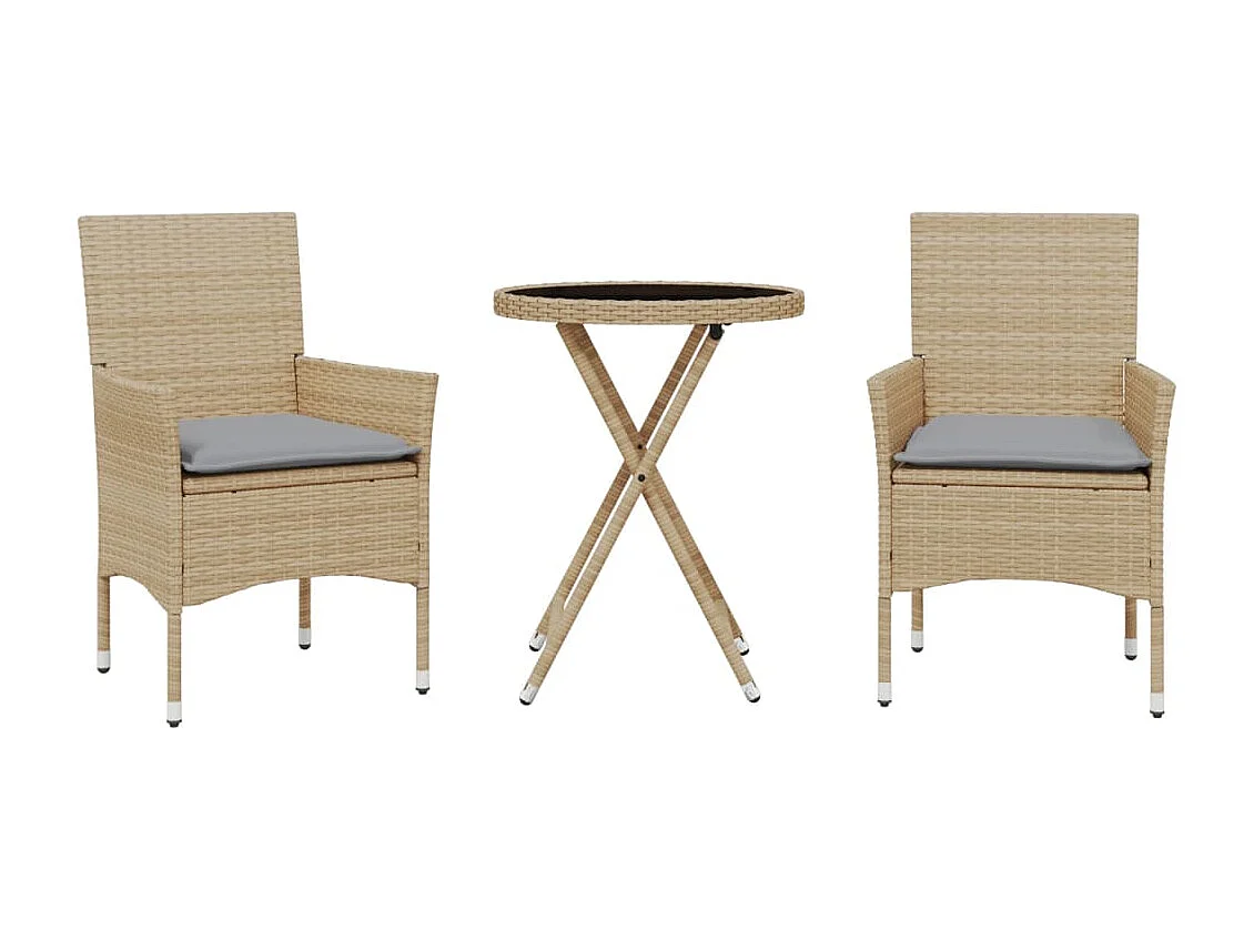 Ensemble de bistro avec coussins 3 pcs beige rotin et verre