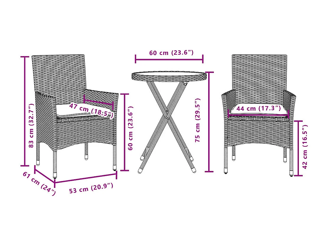 Ensemble de bistro avec coussins 3 pcs beige rotin et verre