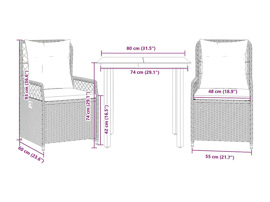 Ensemble à manger de jardin 3 pcs coussins gris résine tressée