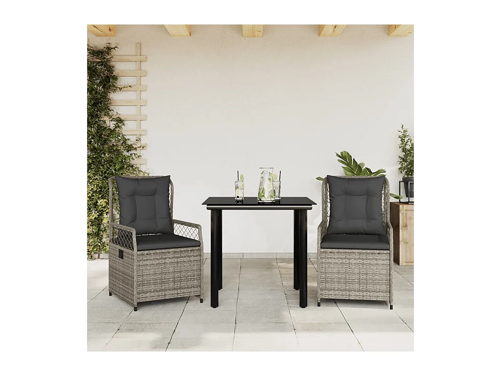 Set da Pranzo da Giardino 3 pz con Cuscini in Polyrattan Grigio