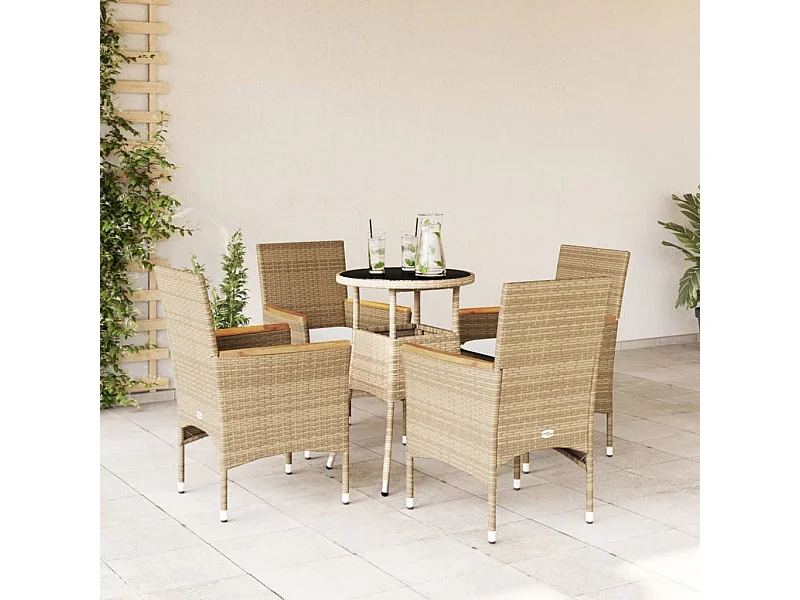 5-tlg. Garten-Essgruppe mit Kissen Beige Poly Rattan und Glas