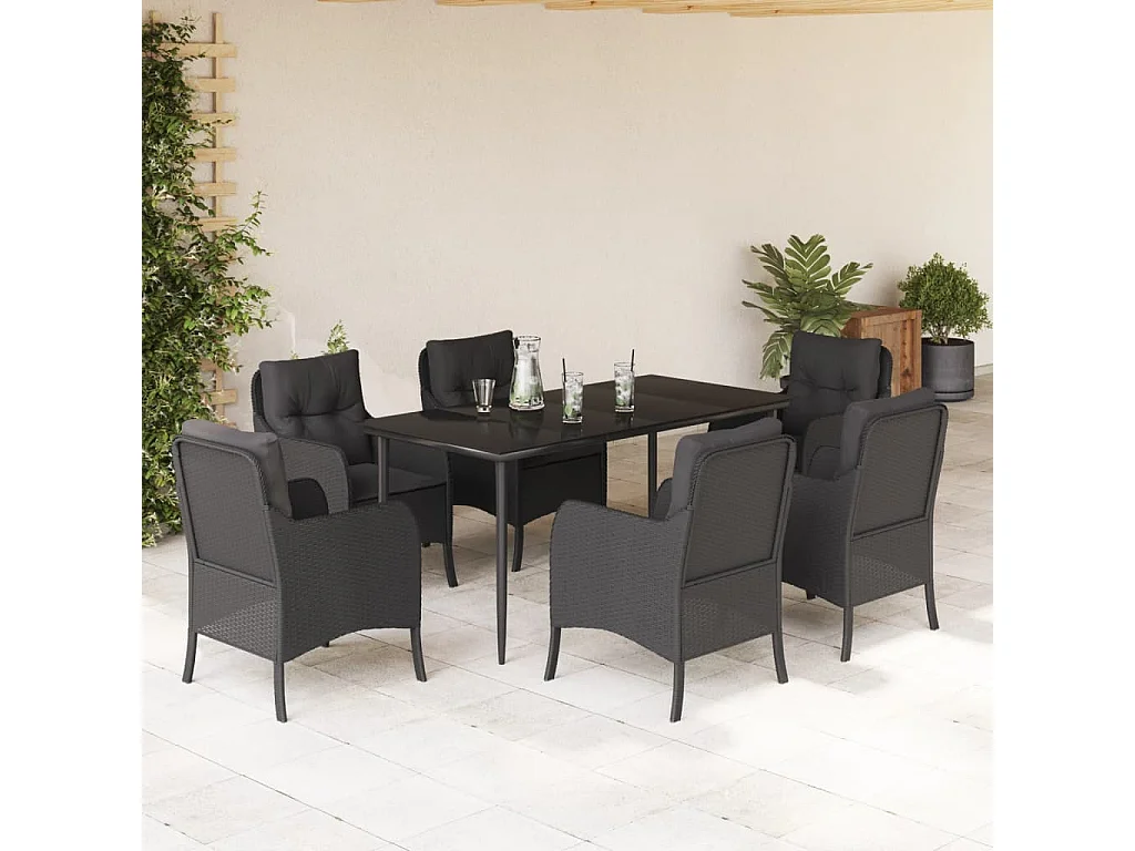 7-tlg. Garten-Essgruppe mit Kissen Schwarz Poly Rattan