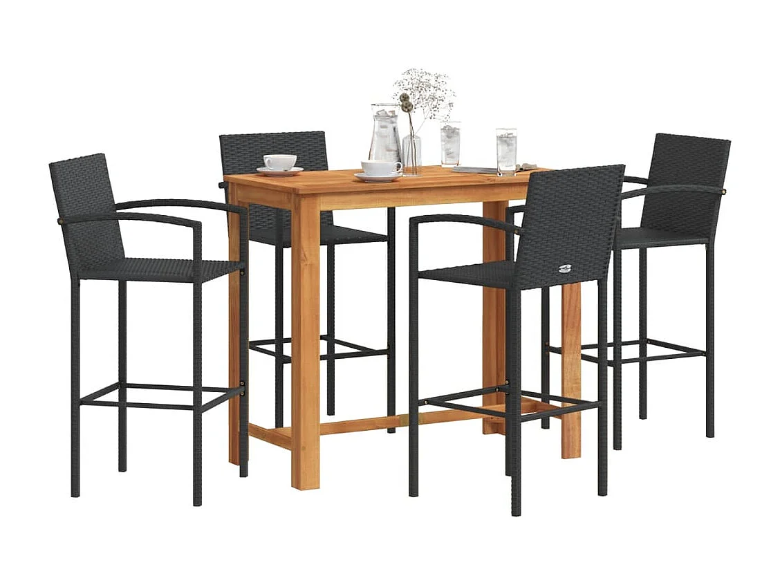5-tlg. Gartenbar-Set Schwarz Massivholz Akazie und Poly Rattan