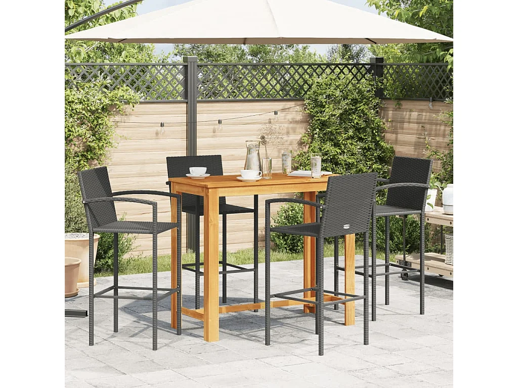 5-tlg. Gartenbar-Set Schwarz Massivholz Akazie und Poly Rattan