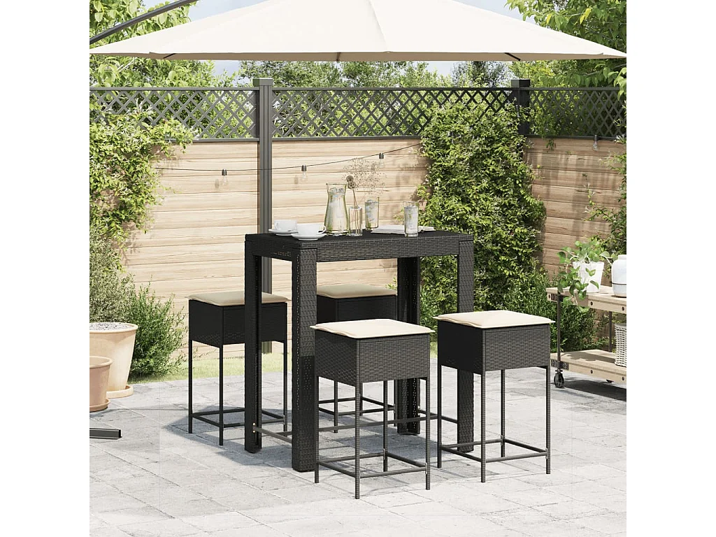 Ensemble de bar de jardin 5 pcs avec coussins noir poly rotin