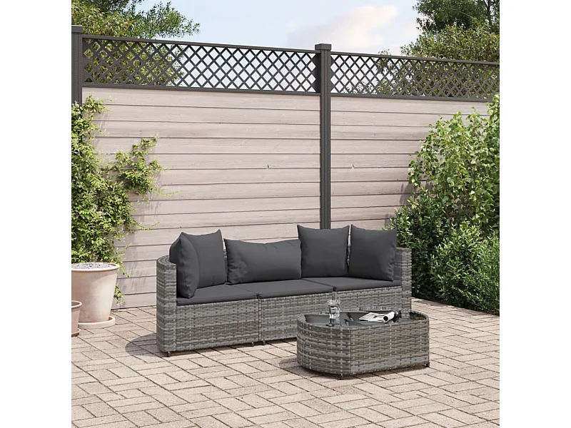 Salon de jardin 4 pcs avec coussins gris résine tressée