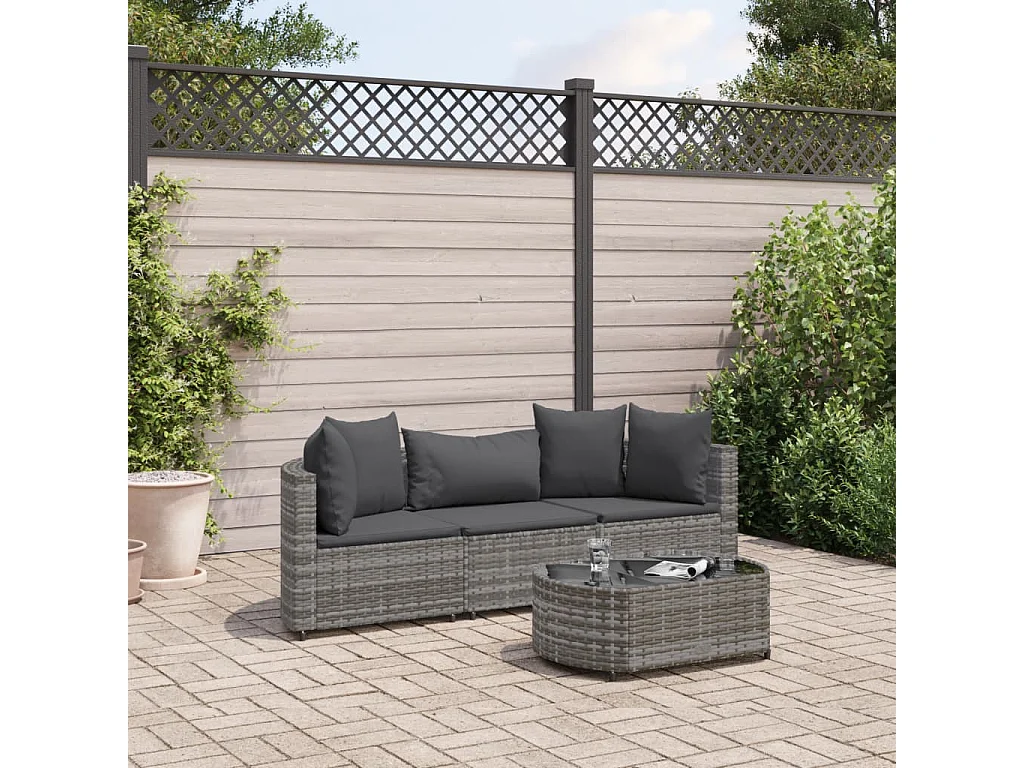 Salon de jardin 4 pcs avec coussins gris résine tressée