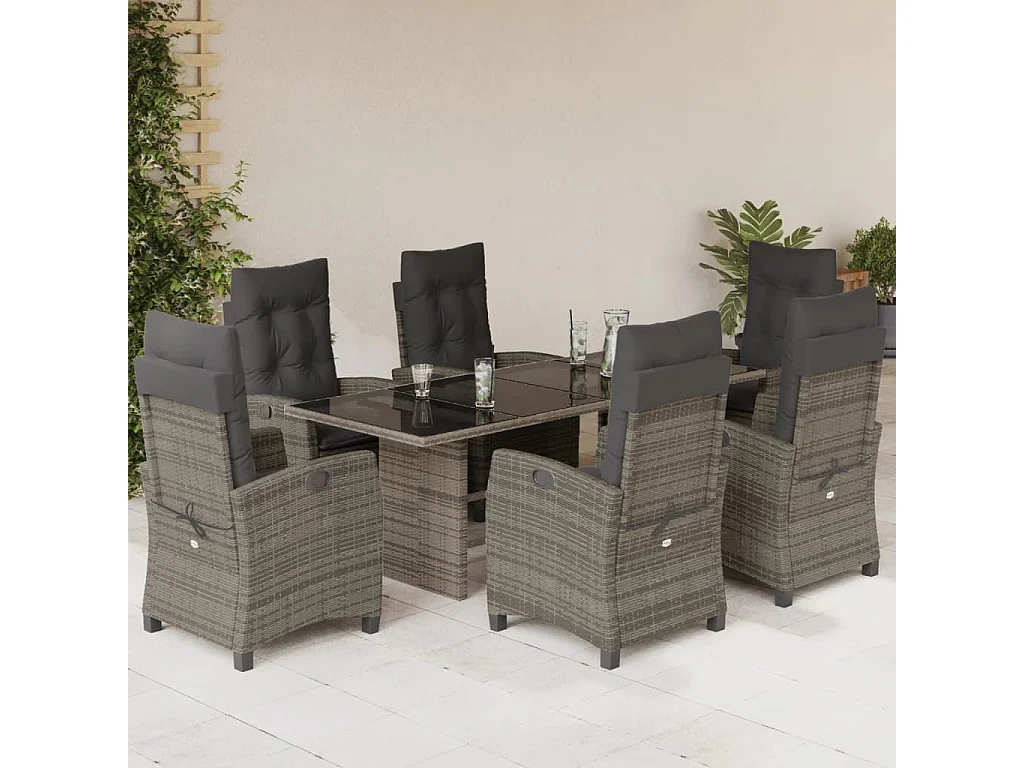 7 pcs conjunto de jantar p/ jardim c/ almofadões vime PE cinza