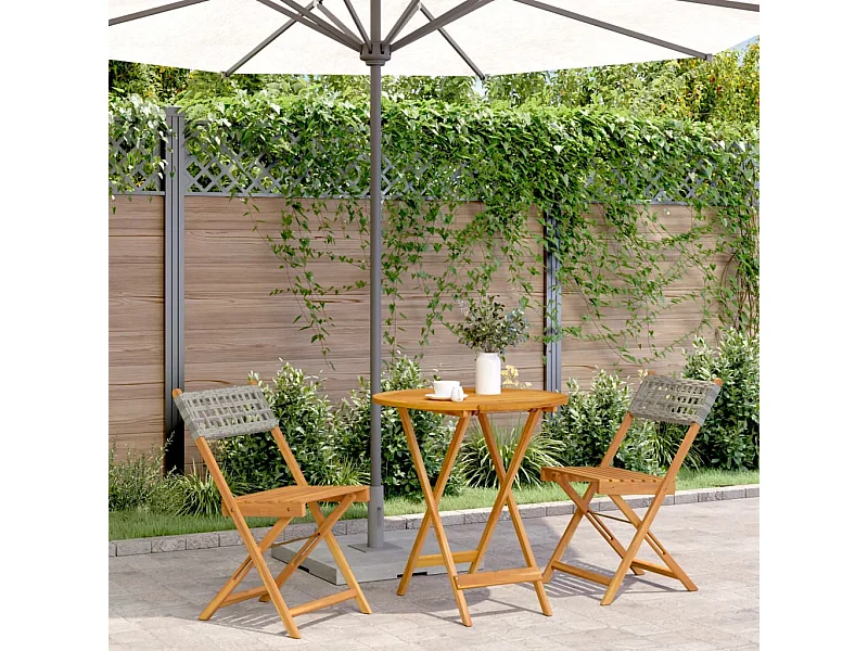 3 pcs conjunto de bistrô vime PE e madeira maciça cinzento