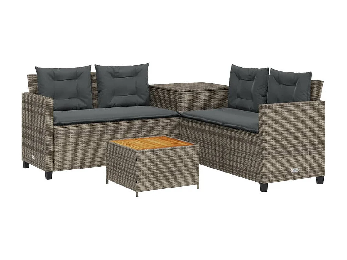 Sofá de jardim forma de L c/ mesa e almofadões vime PE cinzento