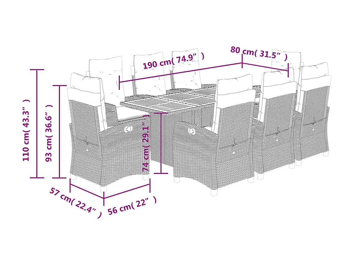 Ensemble à manger de jardin 9pcs coussins noir résine tressée