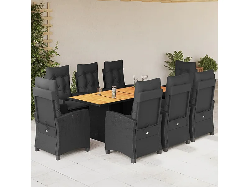 Set de comedor de jardín 9 pzas y cojines ratán sintético negro