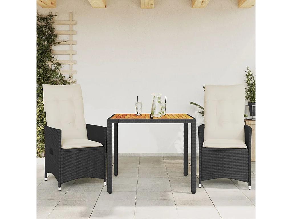 Ensemble de bistro 3 pcs et coussins noir résine tressée acacia